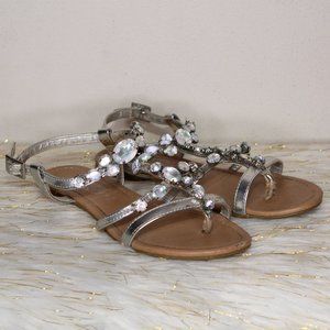 Silver Rhinestone Flat Strappy Sandals